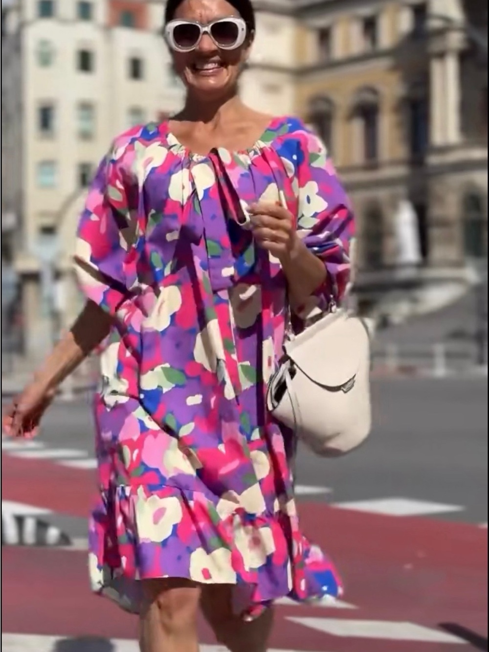 Floral Tie-Neck Midi Dress in Pink and Purple